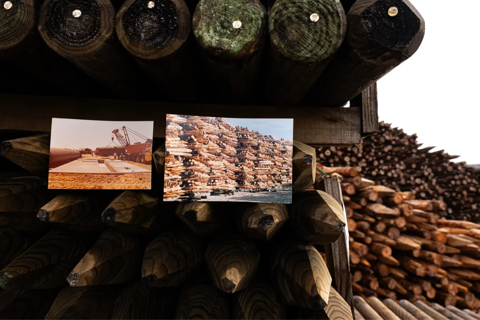 A pile of logs with a two photograph inception